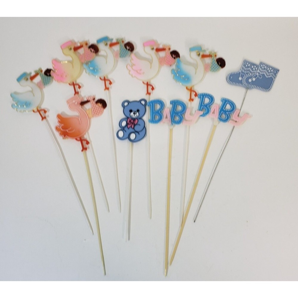 Vintage Lot Hard Plastic Floral Picks Baby Shower Boy Girl Storks Booties Bear
